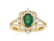 1.03CT DIAMOND & AAA EMERALD 14K YELLOW GOLD ROUND & OVAL FLOWER SQUARE FUN RING