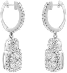 1.49CT DIAMOND 18K WHITE GOLD SQUARE CLUSTER FLOWER HALO HUGGIE HANGING EARRINGS