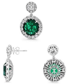 14.5CT DIAMOND & AAA EMERALD PLATINUM 3D ROUND HALO FLORAL FILIGREE EARRINGS