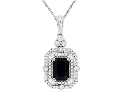 1.34CT DIAMOND & AAA SAPPHIRE 14KT WHITE GOLD EMERALD CUT HALO FILIGREE PENDANT