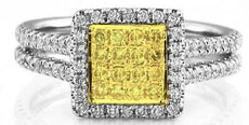 .60CT WHITE & FANCY YELLOW DIAMOND 18KT 2 TONE GOLD ROUND PAVE SQUARE FUN RING
