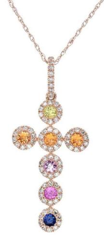 .74CT DIAMOND & AAA MULTI COLOR SAPPHIRE 14K ROSE GOLD 3D CROSS FLOATING PENDANT