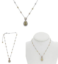 4.77CT WHITE PINK & FANCY YELLOW DIAMOND 18K TRI COLOR GOLD DOUBLE HALO NECKLACE