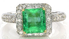 2.84CT DIAMOND & AAA EMERALD 18K 2 TONE GOLD SQUARE & ROUND HALO ENGAGEMENT RING