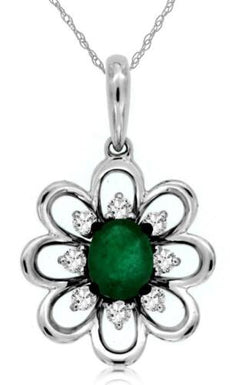 .44CT DIAMOND & AAA EMERALD 14KT WHITE GOLD OVAL & ROUND FLOWER FLOATING PENDANT