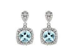 2.22CT DIAMOND & AAA AQUAMARINE 14KT WHITE GOLD CUSHION & ROUND HANGING EARRINGS