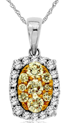 .74CT WHITE & FANCY YELLOW DIAMOND 14K 2 TONE GOLD CLUSTER OVAL FLOATING PENDANT