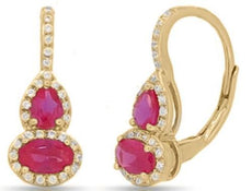 1.09CT DIAMOND & AAA RUBY 14KT YELLOW GOLD 3D OVAL & PEAR SHAPE HANGING EARRINGS