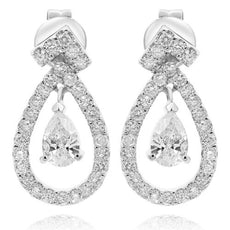 1.45CT DIAMOND 14KT WHITE GOLD 3D ROUND & PEAR SHAPE TEAR DROP HANGING EARRINGS