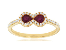 .56CT DIAMOND & AAA RUBY 14KT YELLOW GOLD PEAR SHAPE & ROUND 2 STONE LOVE RING