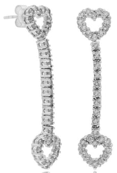 ESTATE 1.40CT DIAMOND 14KT WHITE GOLD CLASSIC DOUBLE HEART BAR HANGING EARRINGS
