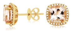 4.21CT DIAMOND & AAA MORGANITE 14KT YELLOW GOLD 3D CUSHION & ROUND STUD EARRINGS