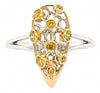 WIDE .21CT FANCY YELLOW DIAMOND 18KT 2 TONE GOLD SNOWFLAKE WEB PEAR SHAPE RING