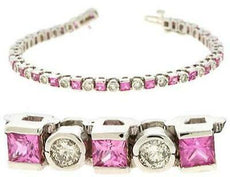 5.65CT DIAMOND & AAA PINK SAPPHIRE 14KT WHITE GOLD 3D ROUND & PRINCESS BRACELET