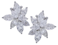 LARGE 12.2CT DIAMOND PLATINUM PEAR SHAPE & MARQUISE CLUSTER FLOWER STUD EARRINGS