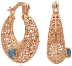 ESTATE AAA BLUE TOPAZ 14K YELLOW GOLD 3D OPEN FILIGREE HOOP FUN HANGING EARRINGS