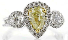2.69CT WHITE & FANCY YELLOW DIAMOND 18K 2 TONE GOLD HALO 3 STONE ENGAGEMENT RING