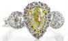 2.69CT WHITE & FANCY YELLOW DIAMOND 18K 2 TONE GOLD HALO 3 STONE ENGAGEMENT RING