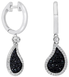 .93CT WHITE & BLACK DIAMOND 14K WHITE GOLD TEAR DROP HUGGIE FUN HANGING EARRINGS