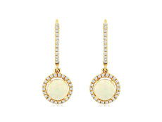 1.26CT DIAMOND & AAA OPAL 14KT YELLOW GOLD 3D ROUND HALO FLOWER HANGING EARRINGS