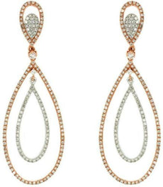 ESTATE 1.30CT DIAMOND 14K WHITE & ROSE GOLD 3D DOUBLE TEAR DROP HANGING EARRINGS