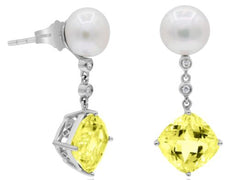 4.36CT DIAMOND & AAA LEMON QUARTZ & SOUTH SEA PEARL 14KT WHITE GOLD 3D EARRINGS