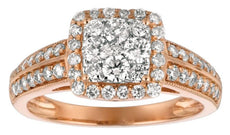 1.0CT DIAMOND 14KT ROSE GOLD 3D CLUSTER SQUARE HALO FILIGREE MILGRAIN LOVE RING