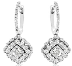 1.53CT DIAMOND 14KT WHITE GOLD ROUND PRINCESS & BAGUETTE FLOWER HANGING EARRINGS