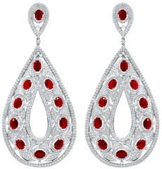 EXTRA LARGE 37.94CT DIAMOND & AAA RUBY 18KT WHITE GOLD 3D OVAL & ROUND EARRINGS