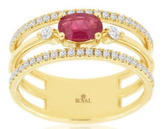 .89CT DIAMOND & AAA RUBY 14KT YELLOW GOLD 3D PEAR SHAPE & ROUND TRIPLE BAND RING