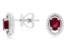 ESTATE 1CT DIAMOND & AAA RUBY 14KT WHITE GOLD CLASSIC OVAL & ROUND STUD EARRINGS