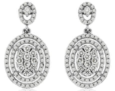 1.0CT DIAMOND 14KT WHITE GOLD ROUND CLUSTER DOUBLE HALO CLASSIC HANGING EARRINGS