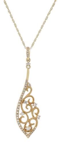 .25CT DIAMOND 14KT YELLOW GOLD OPEN FILIGREE TEAR DROP LEAF FUN FLOATING PENDANT