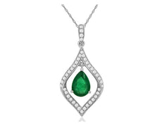 .85CT DIAMOND & AAA EMERALD 14KT WHITE GOLD ROUND & PEAR SHAPE FLOATING PENDANT