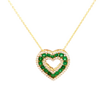 .94CT DIAMOND & AAA EMERALD 18KT YELLOW GOLD 3D OPEN HEART LOVE FLOATING PENDANT