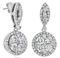 ESTATE 1.18CT DIAMOND 18KT WHITE GOLD ROUND CLUSTER FLORAL FUN HANGING EARRINGS