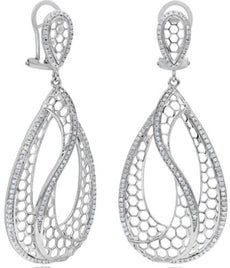 LARGE .62CT DIAMOND 14KT WHITE GOLD 3D DOUBLE SWIRL TEAR DROP HANGING EARRINGS