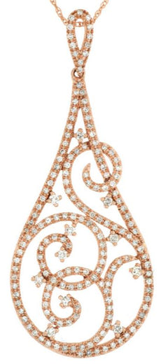 .65CT DIAMOND 14KT ROSE GOLD ROUND OPEN FILIGREE TEAR DROP MULTI SWIRL PENDANT