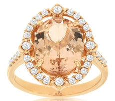 4.33CT DIAMOND & AAA MORGANITE 14KT ROSE GOLD OVAL & ROUND FLORAL HALO FUN RING