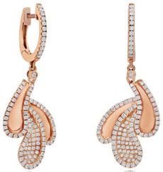 1.26CT DIAMOND 18K ROSE GOLD 3D MULTI LEAF TEAR DROP HUGGIE FUN HANGING EARRINGS