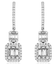 1.38CT DIAMOND 14KT WHITE GOLD 3D ROUND & BAGUETTE SQUARE HALO JOURNEY EARRINGS