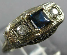 ANTIQUE .71CT OLD MINE DIAMOND & AAA SAPPHIRE 14KT WHITE GOLD 3D ART DECO RING