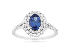 1.34CT DIAMOND & AAA TANZANITE 14K WHITE GOLD OVAL & ROUND DOUBLE HALO LOVE RING