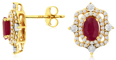1.49CT DIAMOND & AAA RUBY 14KT YELLOW GOLD 3D OVAL & ROUND FLORAL STUD EARRINGS