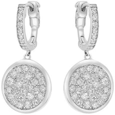 1.42CT DIAMOND 18KT WHITE GOLD 3D CLUSTER CIRCULAR FUN HUGGIE HANGING EARRINGS