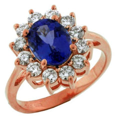 3.0CT DIAMOND & AAA TANZANITE 14KT ROSE GOLD OVAL & ROUND FLOWER ENGAGEMENT RING