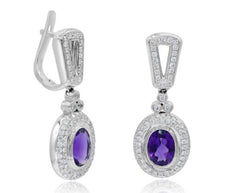 2.33CT DIAMOND & AAA AMETHYST 14KT WHITE GOLD OVAL & ROUND FUN HANGING EARRINGS
