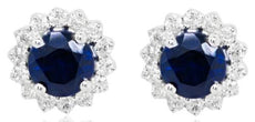 .75CT DIAMOND & AAA SAPPHIRE 14KT WHITE GOLD 3D ROUND HALO FLOWER STUD EARRINGS