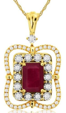 1.35CT DIAMOND & AAA RUBY 14KT YELLOW GOLD 3D EMERALD CUT & ROUND FLOWER PENDANT