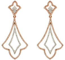 1.23CT DIAMOND 14K WHITE & ROSE GOLD ROUND FLORAL TEAR DROP FUN HANGING EARRINGS
